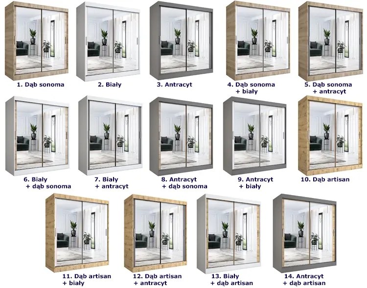 Szafa przesuwna z lustrem biel + dąb artisan180 cm M1-K74