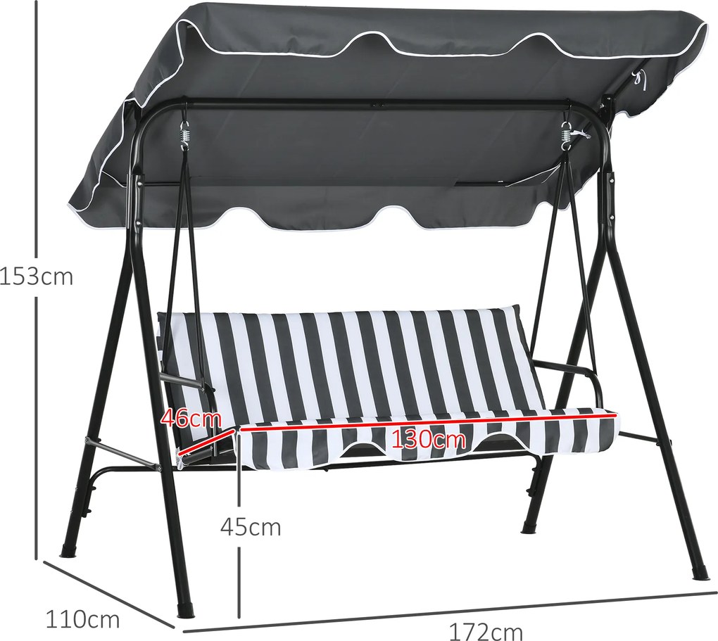 Outsunny Huśtawka Hollywood, Huśtawka Ogrodowa, 3-osobowa Ławka Huśtawka z Daszkiem, Stal, 172 x 110 x 153 cm, Szary+Biały