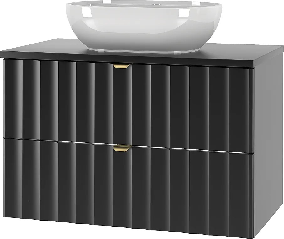Czarny Zestaw Łazienkowy 80cm Szafka z Blatem Umywalka Ryflowane Fronty Arcos