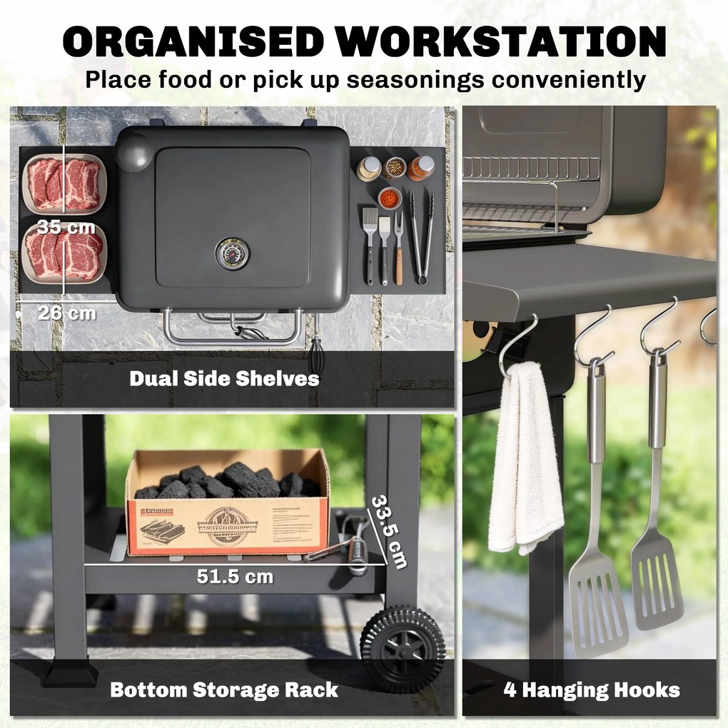 Outsunny Grill węglowy BBQ Smoker z pokrywą, termometrem, regulowaną wysokością węgla, kominem, rusztem, boczną półką i tacką na popiół | Aosom PL