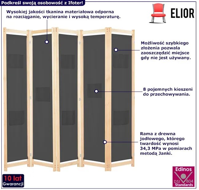 Szary 5 panelowy parawan z drewnianą ramą R8-B57