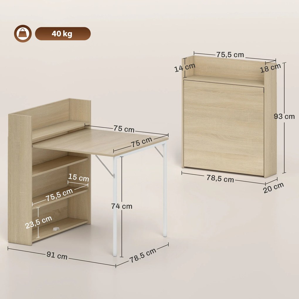 HOMCOM Stół składany z półką, design industrialny, oszczędzający miejsce, do małych pomieszczeń, 78,5 x 91 x 93 cm, dąb