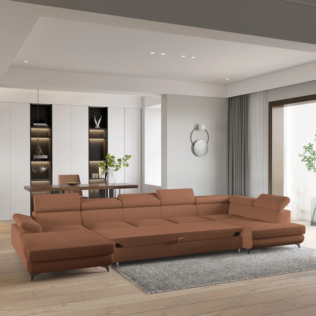 Masseno Narożnik MONTIVA z funkcją spania i pojemnikiem na pościel Narozniki U, Rozkładana sofa - Miedziany, QUELLE 54