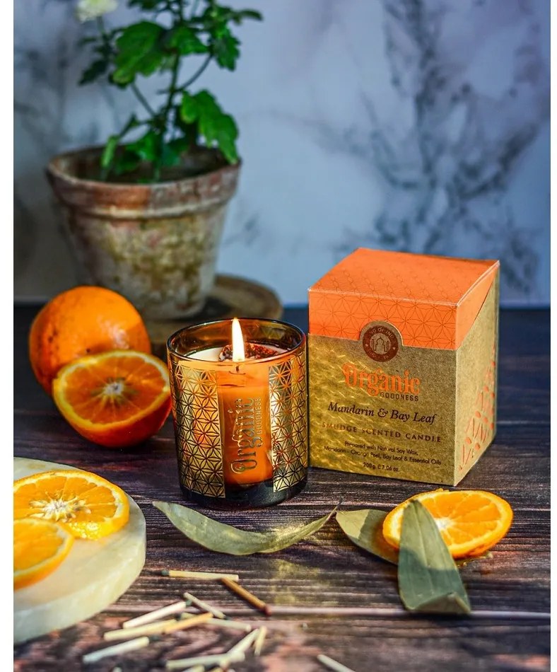 Organiczna świeca kadzidlana Mandarin &amp; BayLeaf 200 g w szklanym słoiczku ze złotą folią