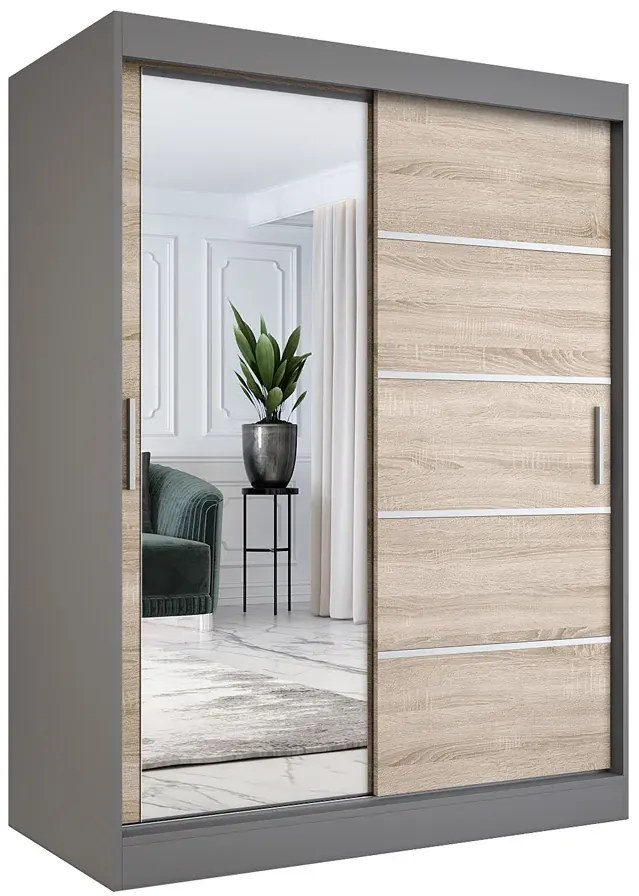 Szafa przesuwna antracyt + dąb sonoma 150 cm - Ebia 4X