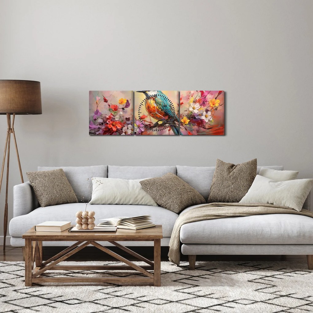 Obraz - Malowanie ptaka (z zegarem) (90x30 cm)