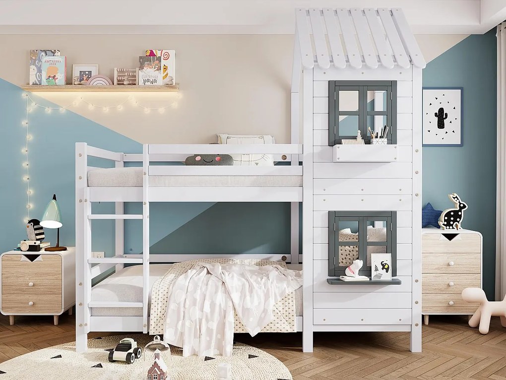 Łóżko piętrowe 90x200 cm z litego drewna - z stelażem na listwach - Białe i Szare