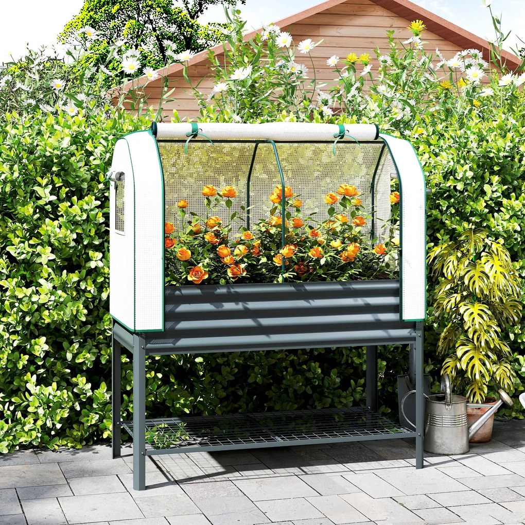 Outsunny Podwyższona grządka z nakładką szklarniową z metalu, skrzynia do sadzenia z półką, podwyższona 120 x 55 x 140 cm | Aosom PL