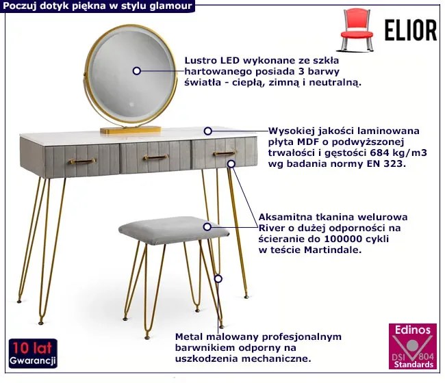Szara toaletka glamour z taboretem i lustrem LED - Merina