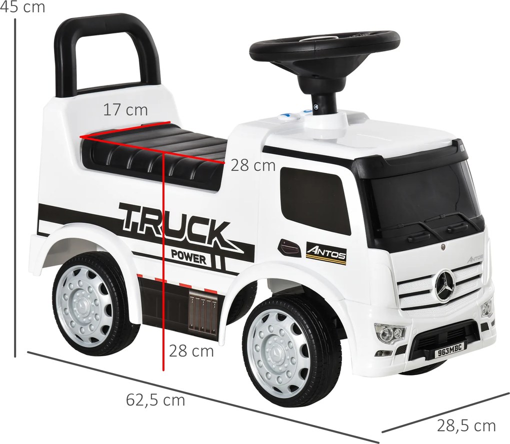 HOMCOM jeździk Mercedes ANTOS ciężarówka dla dzieci 12-36 miesięcy Biało-czarny z światłami 625x285x45cm | Aosom PL