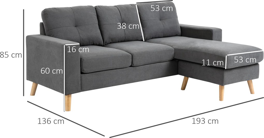 HOMCOM Sofa narożna L kształt Elegancka ciemnoszara Imitacja lnu Przestronna do salonu Wymiary 193x136x85 cm | Aosom PL
