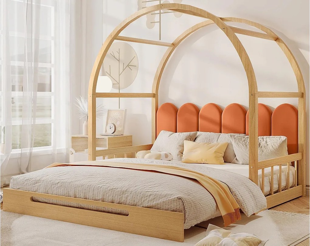 Łóżko piętrowe 140x100/200cm z litego drewna - z wezgłowiem z weluru i stelażem na listwy - Pomarańczowe