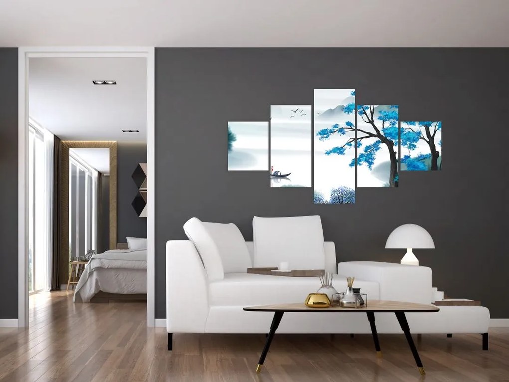 Obraz - Malowane jezioro z łódką (125x70 cm)