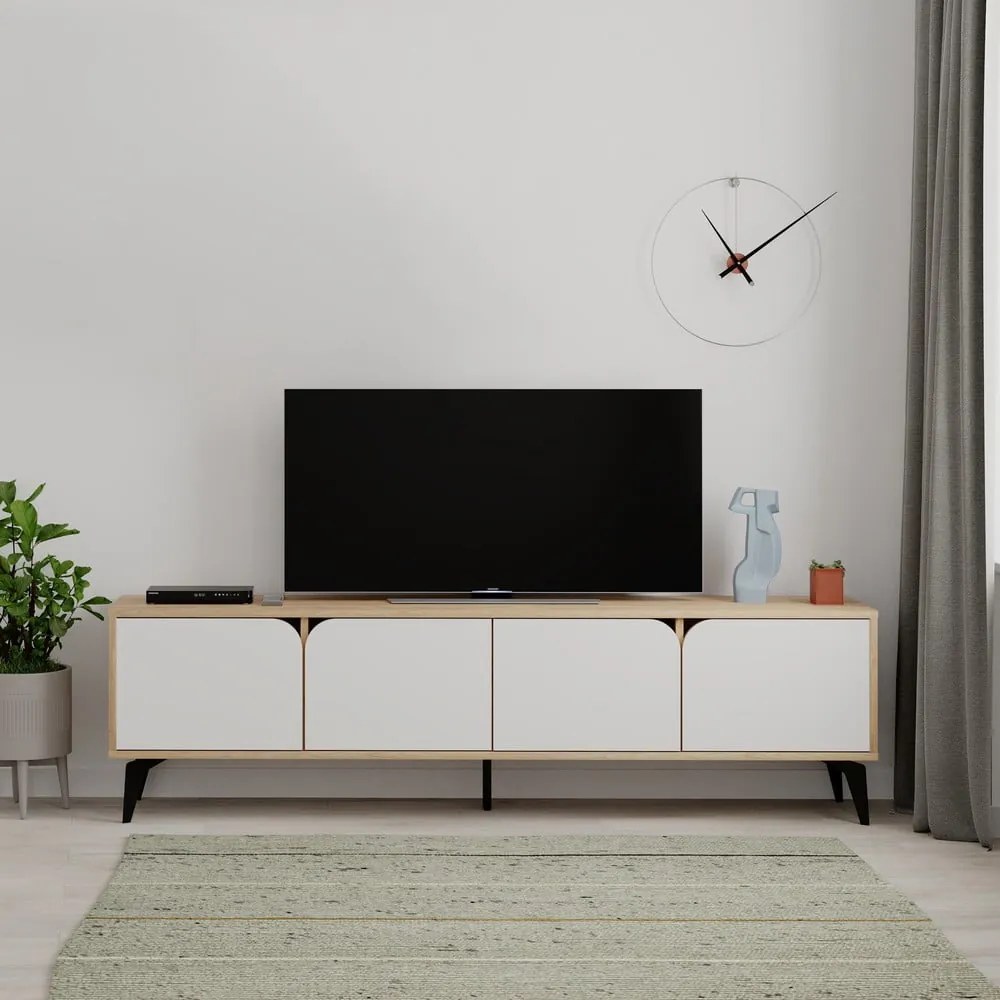 Biała szafka pod TV w dekorze dębu 180x51 cm Nola – Marckeric