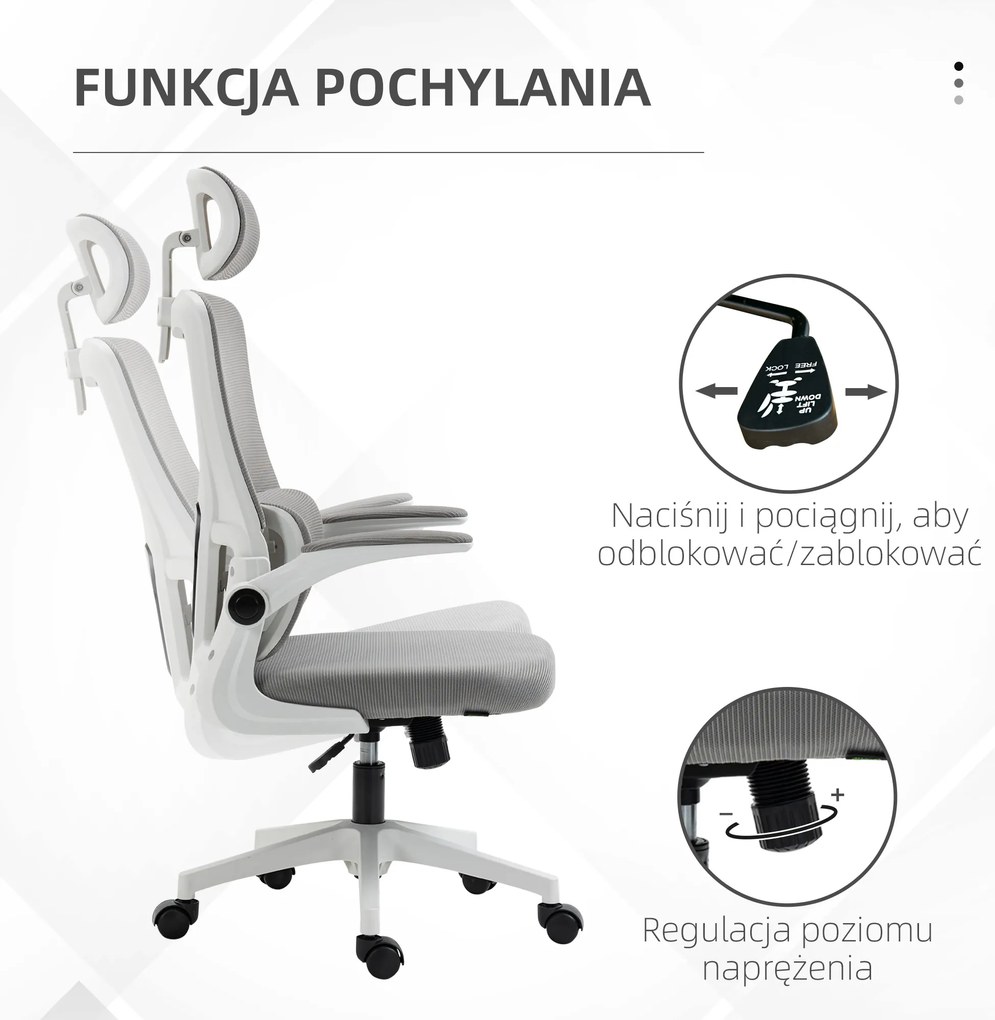 Vinsetto Fotel biurowy szary regulowana wysokość odchylane oparcie zagłówek do 120 kg ergonomiczny | Aosom PL