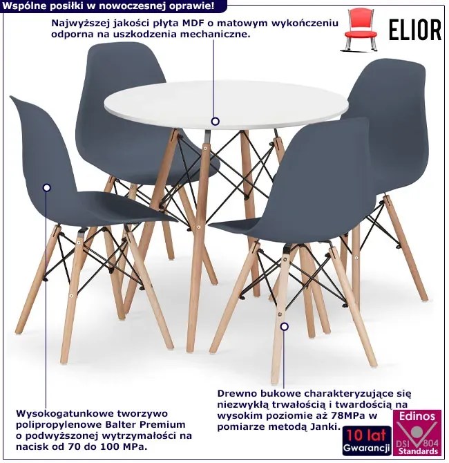 Zestaw biały stół kuchenny 80 cm z 4 krzesłami - Nadikos 5X 12 kolorów