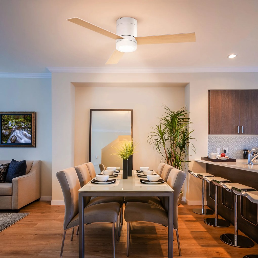 HOMCOM Wentylator sufitowy z oświetleniem LED, 2 w 1, z timerem, pilot zdalnego sterowania, lampa sufitowa z wentylatorem, Biały+Naturalne drewno