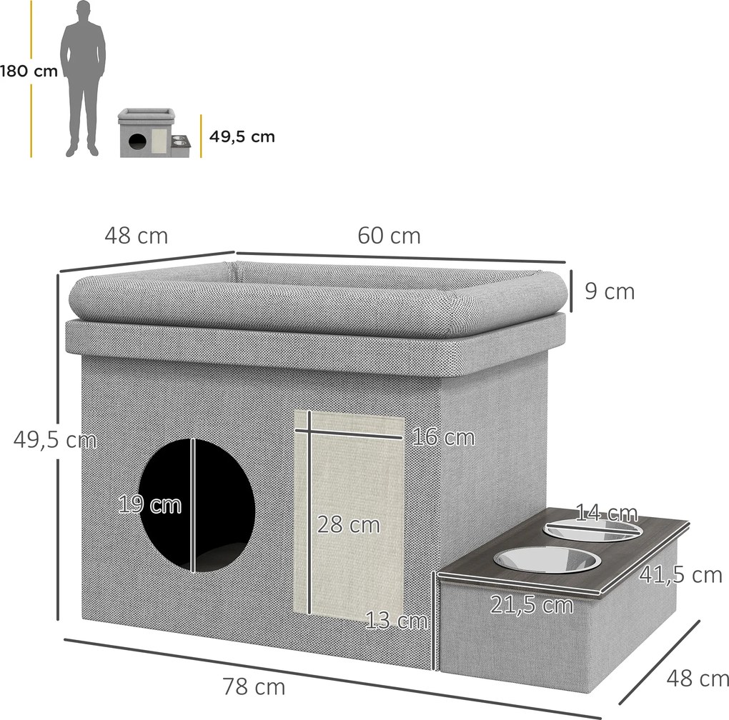 PawHut Domek dla kota, Miejsce na jedzenie z 2 miskami ze stali nierdzewnej, Drapak, miękka poduszka do leżenia, 78 x 48 x 49,5 cm, szary