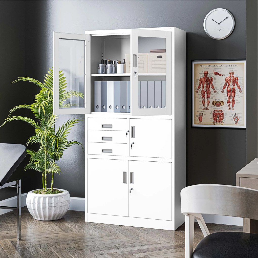 Szafa biurowa metalowa z sejfem, szklane drzwi, biała, 900x1850x400 mm: FILIP