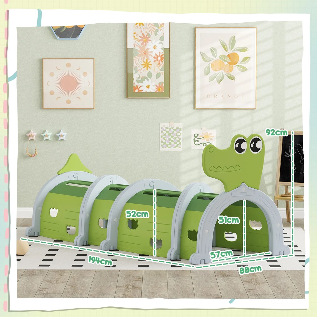 AIYAPLAY Tunel w kształcie krokodyla, elastyczny, trwały, dla dzieci 3-6 lat, 194 x 88 x 92 cm, Zielony