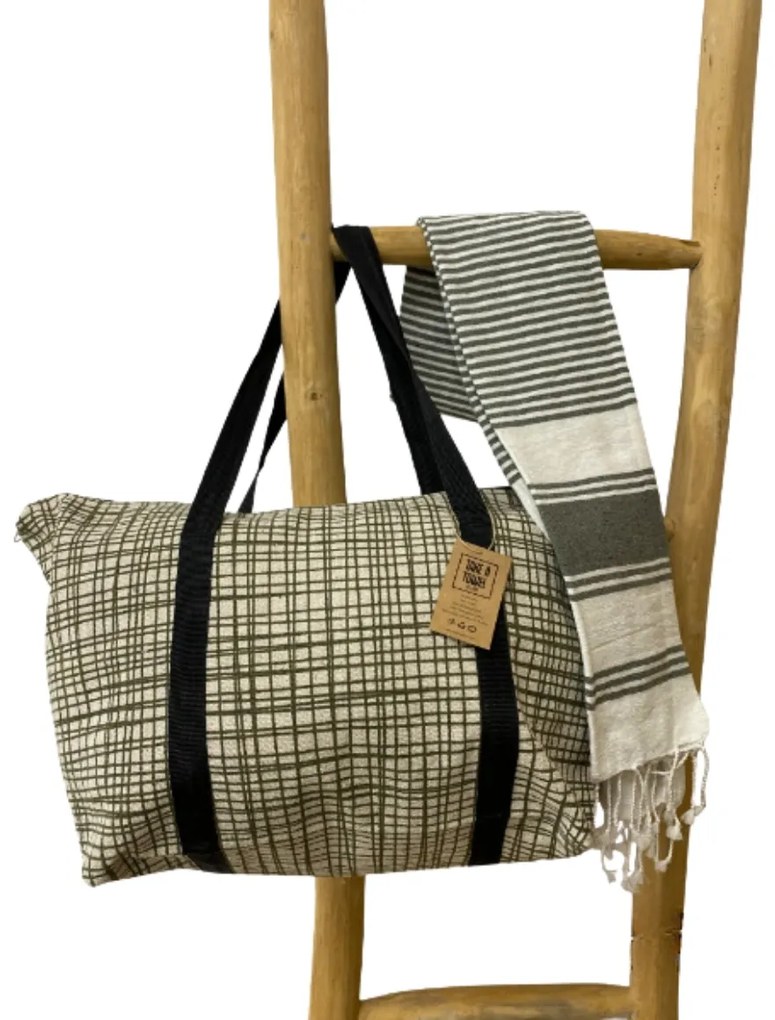 Stylowy zestaw torby plażowej + ręcznika HAMAM 75x150 cm, khaki, 100% bawełna organiczna