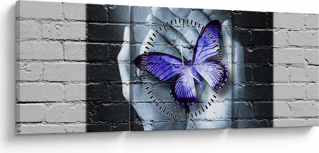 Obraz - Fioletowy motyl na ścianie (z zegarem) (90x30 cm)