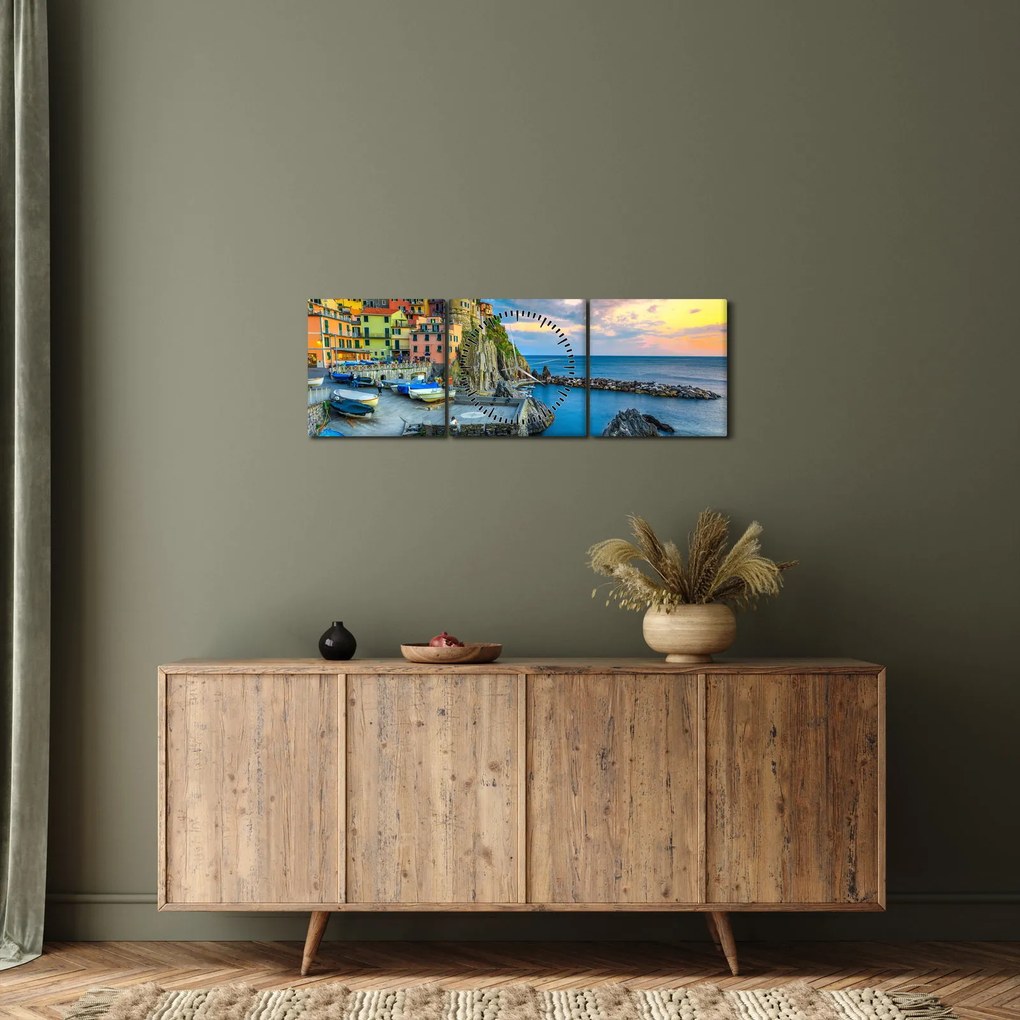 Obraz - Wioska śródziemnomorska (z zegarem) (90x30 cm)