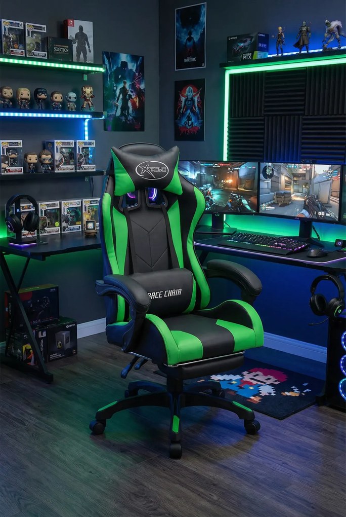 Czarno-zielony fotel gamingowy z podnóżkiem C5-H92