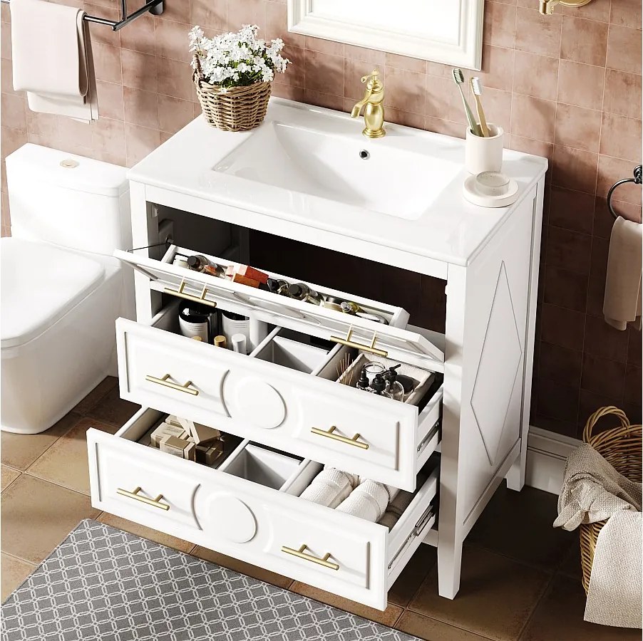 Szafka pod umywalkę ceramiczną z pojedynczą umywalką - 81 x 46,5 x 86,5 cm - z szufladami - MDF - biała