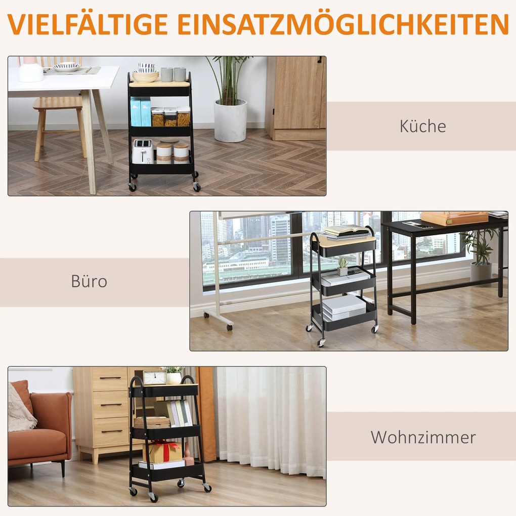 HOMCOM Wózek z 3 Koszami, Wózek Serwisowy, Metal, Tworzywo Sztuczne, Czarny