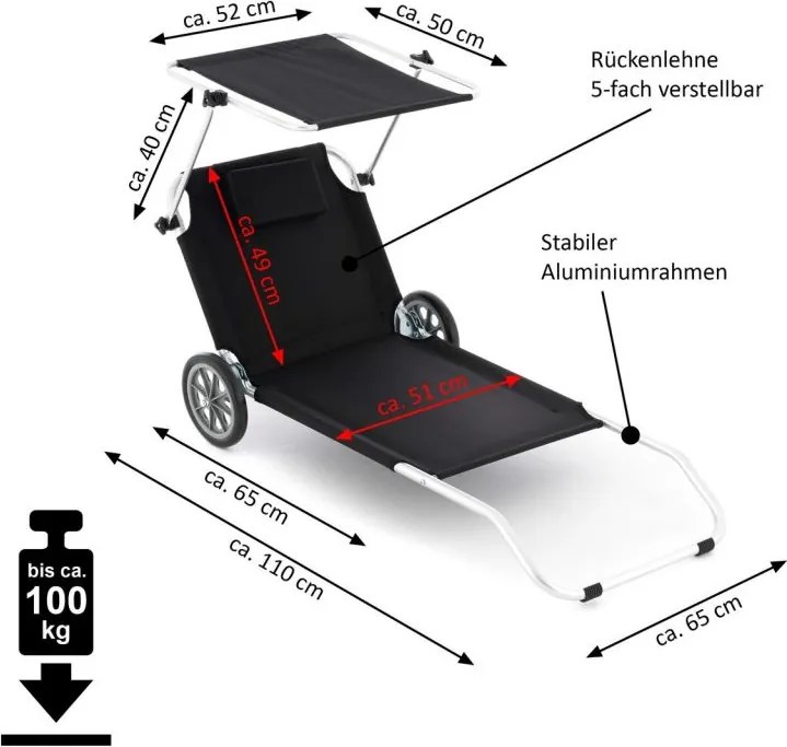 Krzesło plażowe z dachem i funkcją wózka, 150 x 60 x 90 cm
