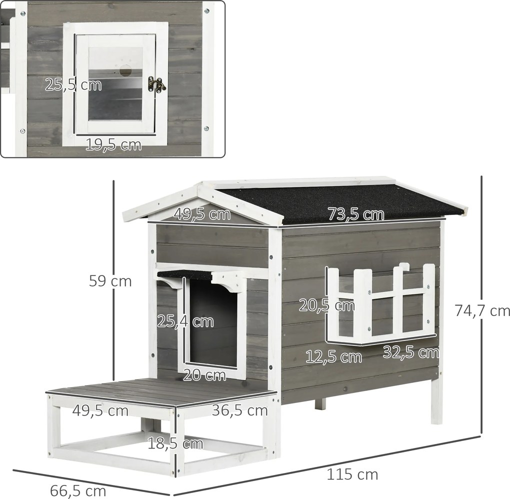 Pawhut® domek dla kotów małych zwierząt budka z tarasem i balkonem drewno jodłowe 115 x 66,5 x 74,7 cm