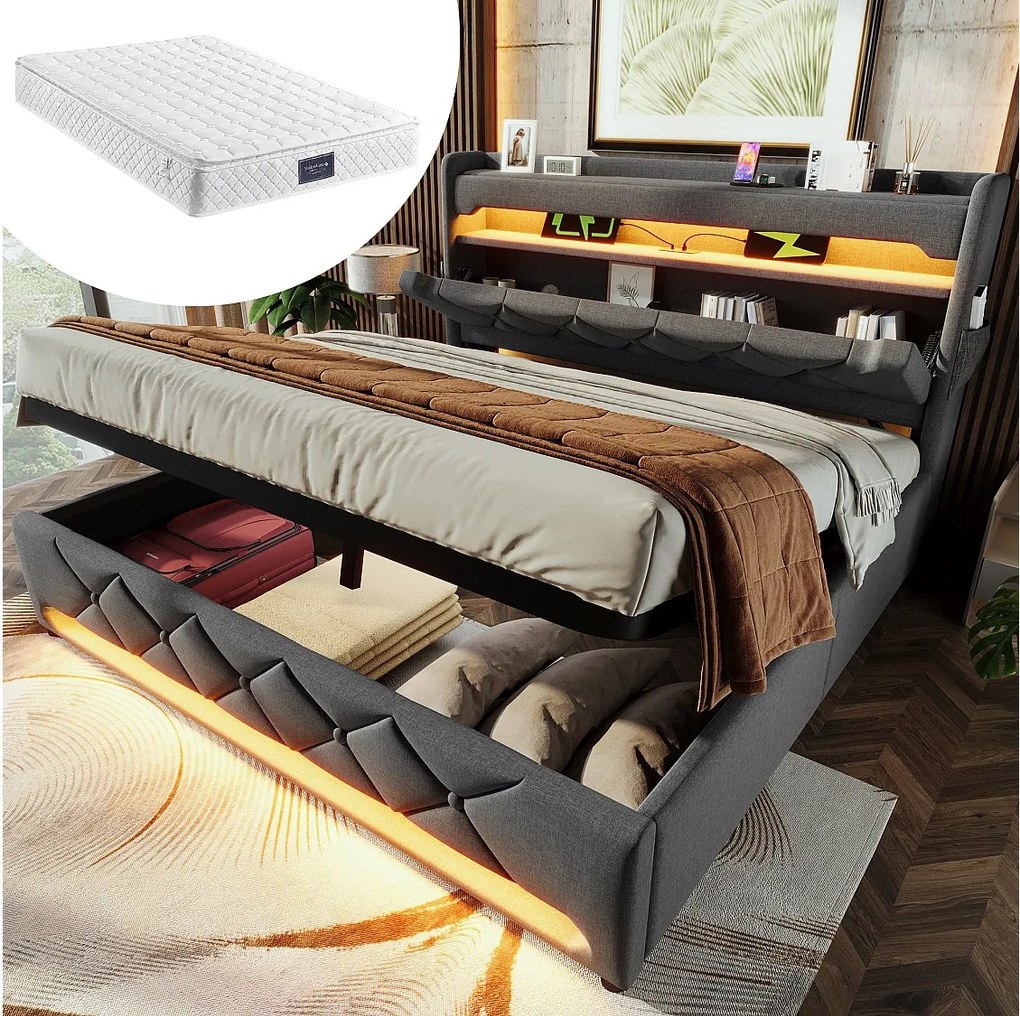 Łóżko tapicerowane ze schowkiem - 160 x 200 cm - zagłówek z USB + Type-C + LED - schowek hydrauliczny - z materacem - len - szary