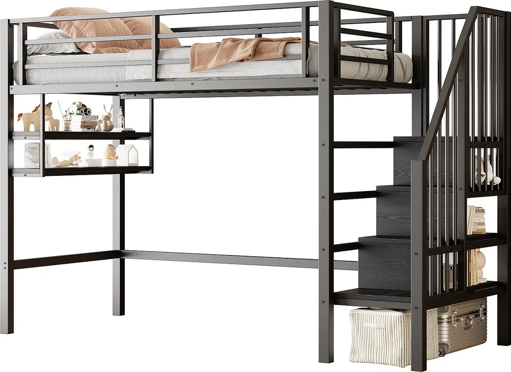 Łóżko mezzanine 90x200cm - z drabiną do przechowywania - z barierkami - czarne (bez materaca)