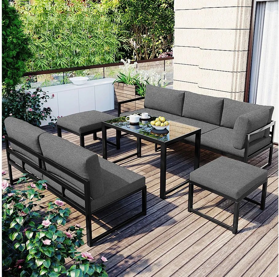 Zestaw mebli ogrodowych modułowych metalowych: 1 sofa 3-osobowa podnoszona + 1 sofa 2-osobowa + 2 stołki + 1 szklany stolik kawowy - Szary + czarny