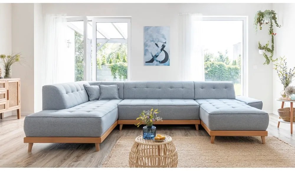 Jasnoniebieska rozkładana sofa w kształcie litery "U" Miuform Dazzling Daisy, lewostronna