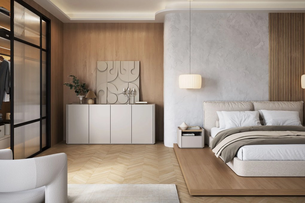 Komoda Elivo 200 cm czterodrzwiowa - kaszmir / dąb olejowany