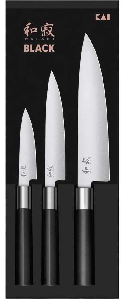 Kai Zestaw 3 noży Wasabi Black – uniwersalny mały, uniwersalny duży i nóż szefa duży