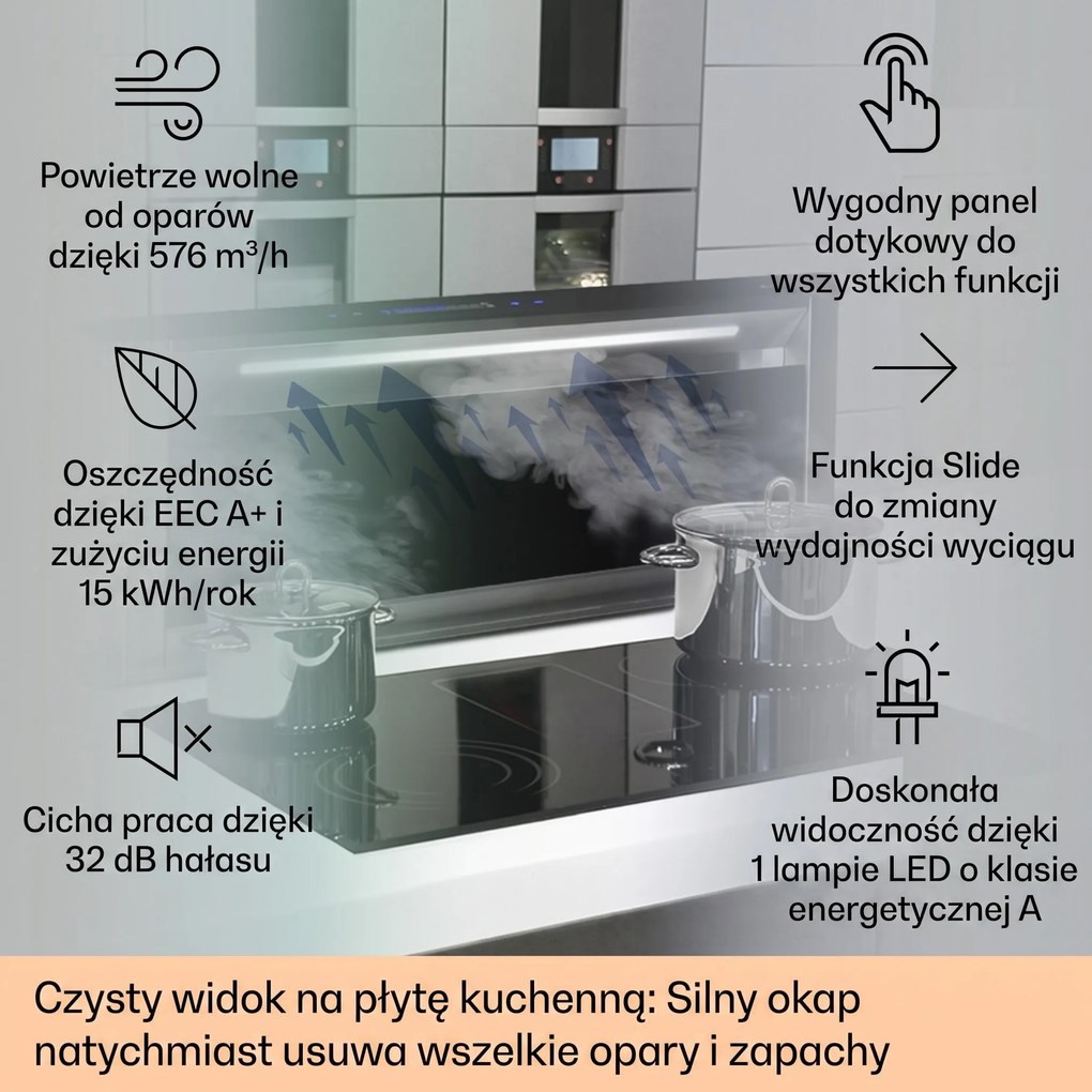 Klarstein Royal Flush 90cm 604m³/h Okap Blatowy Czarny