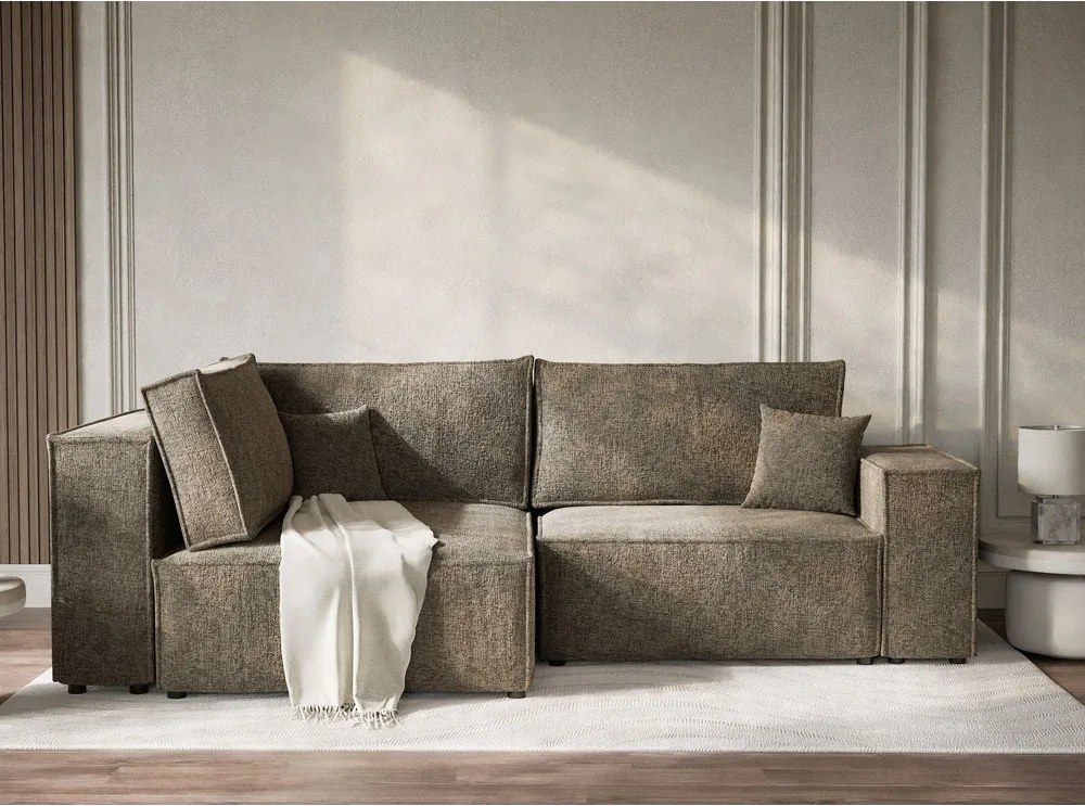 Brązowy rozkładany narożnik ze schowkiem z tkaniny szenilowej (lewostronny/w kształcie litery L) Tonga – Maison de Rêve