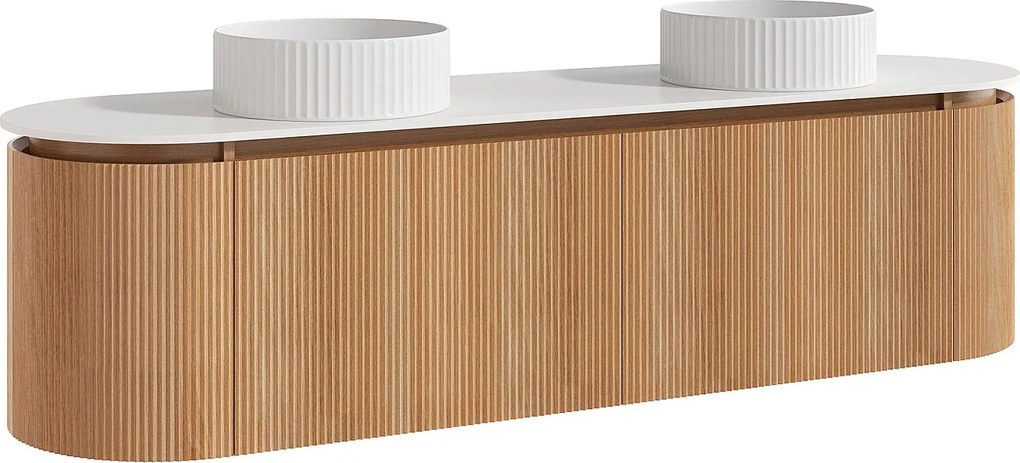 Wisząca szafka łazienkowa z prążkowanym frontem z podwójną okrągłą umywalką nablatową – Jasny naturalny - szer. 180 cm - LILIKO