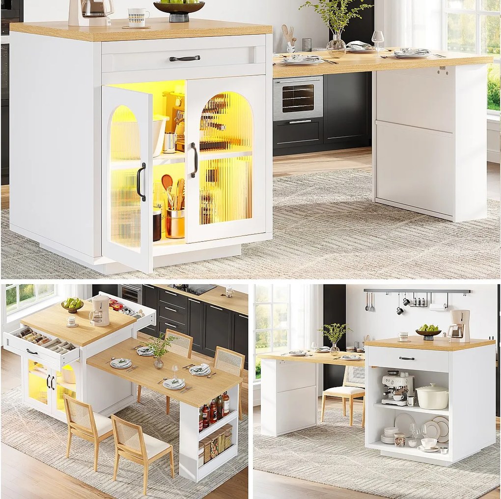 Rozkładana wyspa kuchenna - 126-196 x 59 x 94 cm - z diodami LED + 2 szuflady + półki + drzwi szklane - MDF - biała