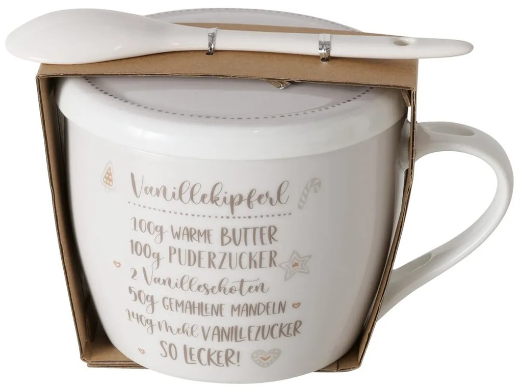 Porcelanowy kubek z pokrywką i łyżeczką, BAKERY, 600 ml