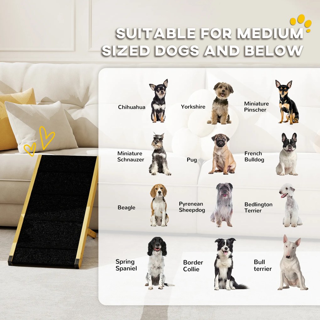 PawHut Rampa dla Zwierząt, Regulowana, 4-stopniowa, Antypoślizgowa, Składana, Drewno Sosnowe, dla Psów do 15 kg