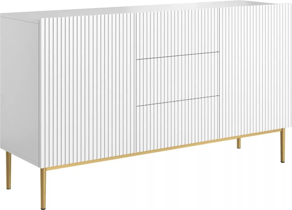 Komoda Nicole 150 cm z szufladami i ryflowanym frontem - biały mat / złote nóżki