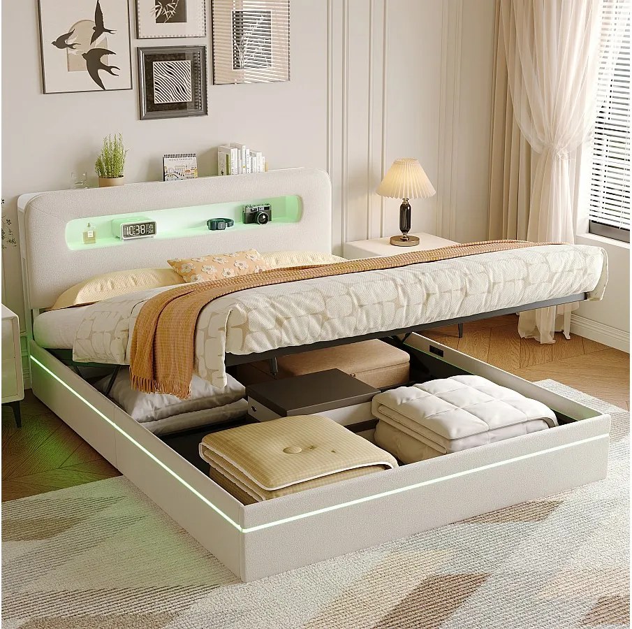 Łóżko 160x200 cm z beżowego aksamitu ze zintegrowanymi diodami LED, zagłówkiem z miejscem do przechowywania i systemem hydraulicznym