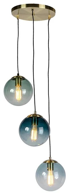 Lampa wisząca w stylu art deco mosiądz z niebieskim szkłem - Pallon ArtDeco Oswietlenie wewnetrzne
