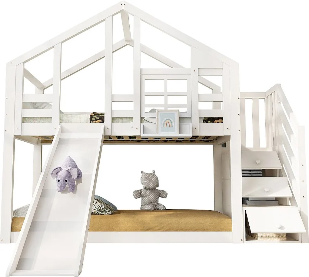 Łóżko piętrowe z litego drewna 90×200 cm - ze zjeżdżalnią i schodami z miejscem do przechowywania - białe