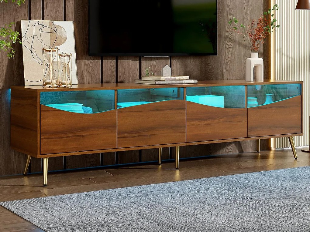 Nowoczesna szafa TV 180x40x50 cm - 4 szuflady - z oświetleniem LED - Nogi metalowe - Front szklany - Brązowy