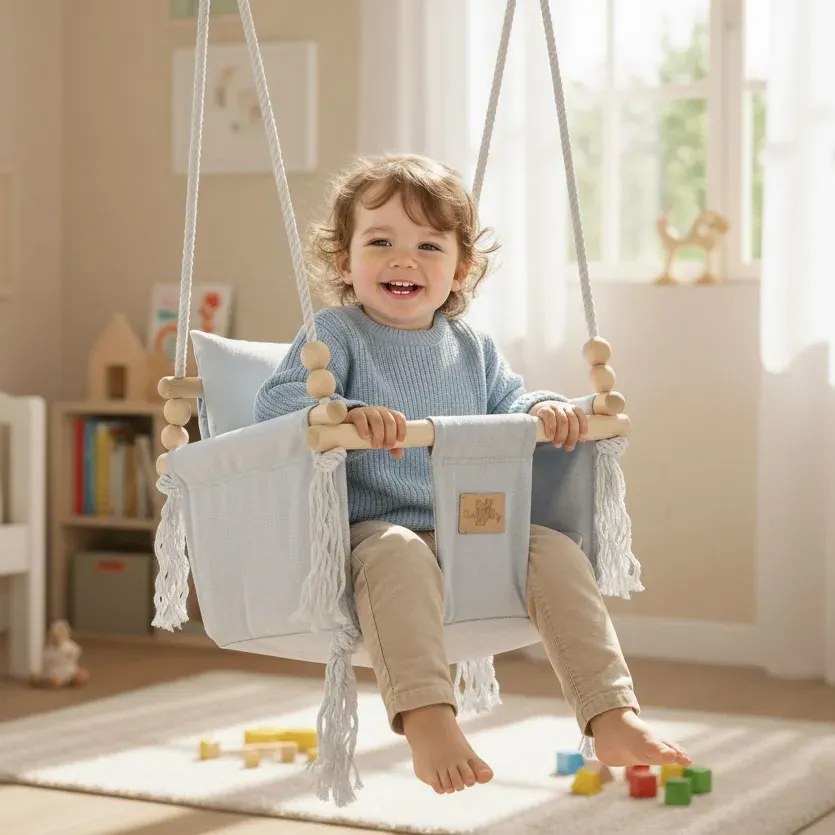 Szara welurowa huśtawka drewniana dla dziecka H3-A69